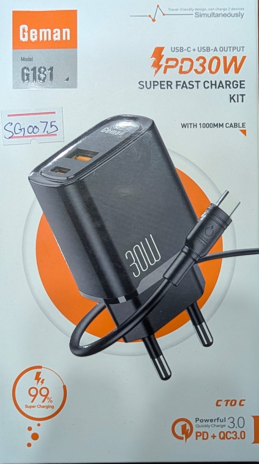 Geman 30W Dual Port Fast Charger (PD+QC) + Cable