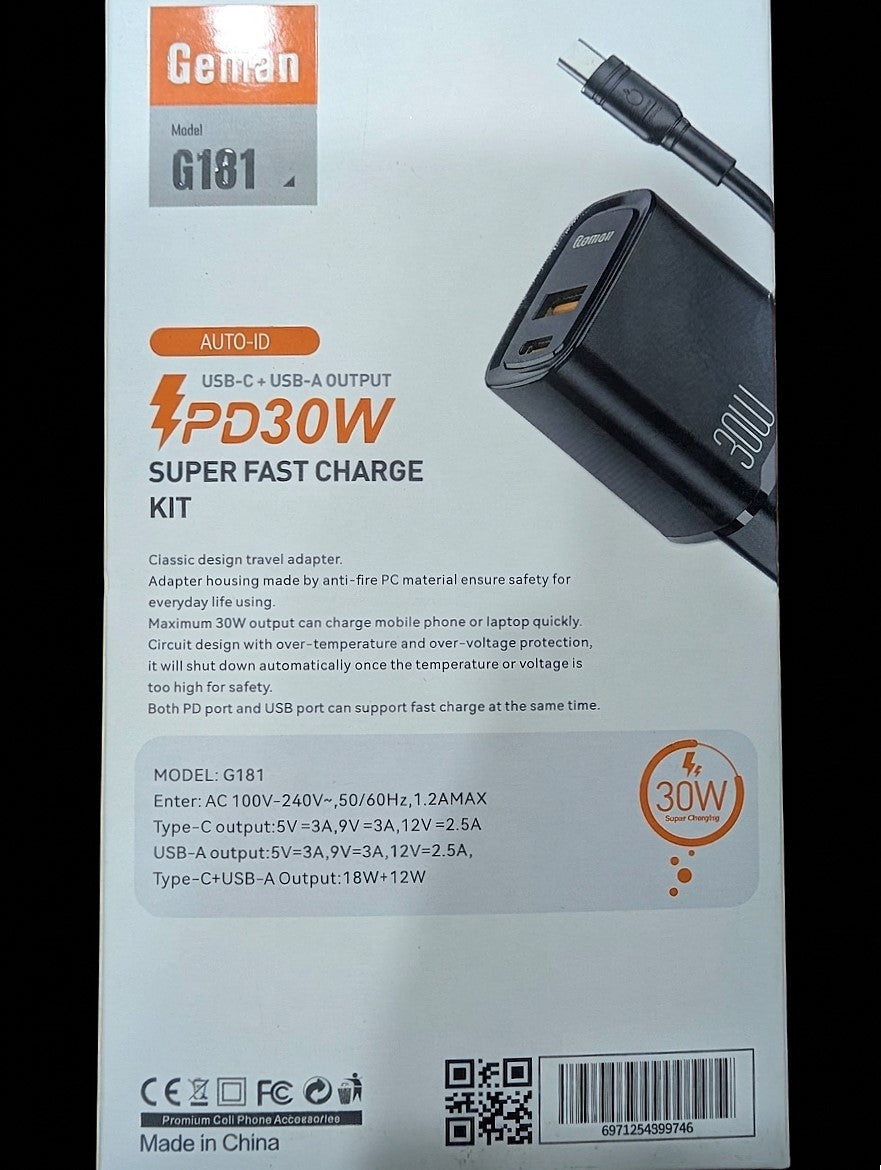 Geman 30W Dual Port Fast Charger (PD+QC) + Cable